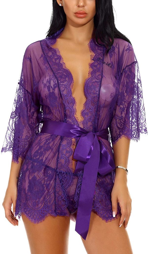 Sykooria Conjunto de Lencería Sexy Bata de Encaje Babydoll Kimono Ropa Sexy de Mujer Ropa de Dormir Escote en V Profundo Camisón, XXL, Púrpura For Cheap