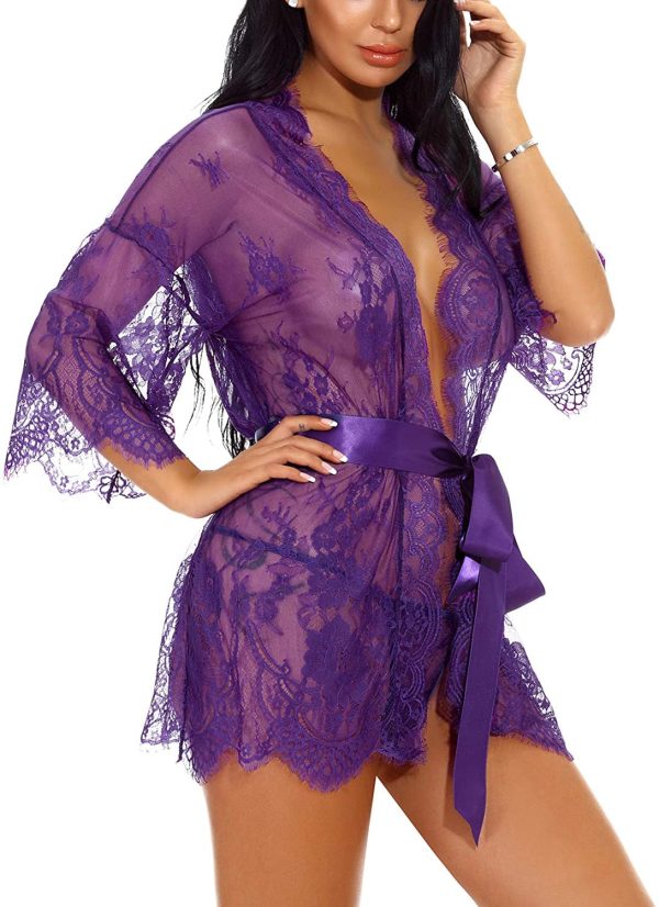 Sykooria Conjunto de Lencería Sexy Bata de Encaje Babydoll Kimono Ropa Sexy de Mujer Ropa de Dormir Escote en V Profundo Camisón, XXL, Púrpura For Cheap