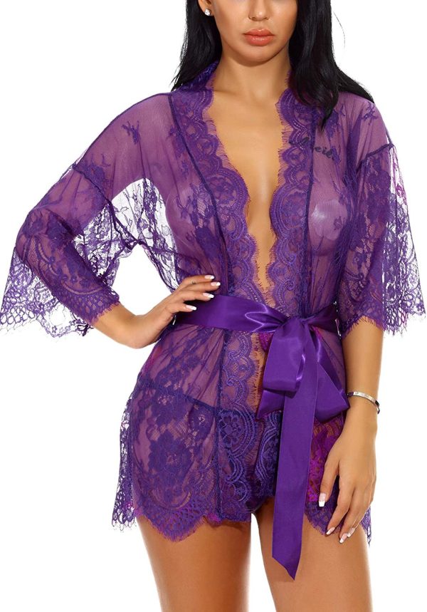 Sykooria Conjunto de Lencería Sexy Bata de Encaje Babydoll Kimono Ropa Sexy de Mujer Ropa de Dormir Escote en V Profundo Camisón, XXL, Púrpura For Cheap