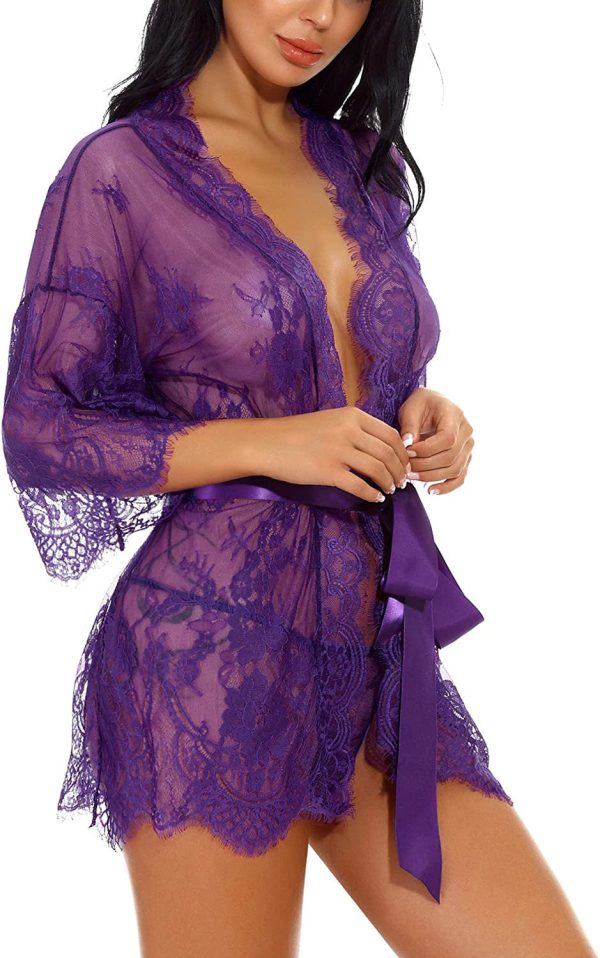 Sykooria Conjunto de Lencería Sexy Bata de Encaje Babydoll Kimono Ropa Sexy de Mujer Ropa de Dormir Escote en V Profundo Camisón, XXL, Púrpura For Cheap